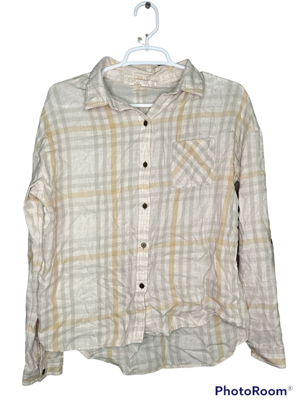 PrAna Long Sleeve Plaid Pattern Button Down Beige Brown Cream Flannel Size Small